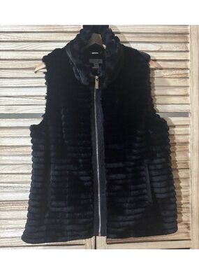 Calvin Klein Black Textured Faux Fur Vest Ribbed Luxury Layer Women's Size M